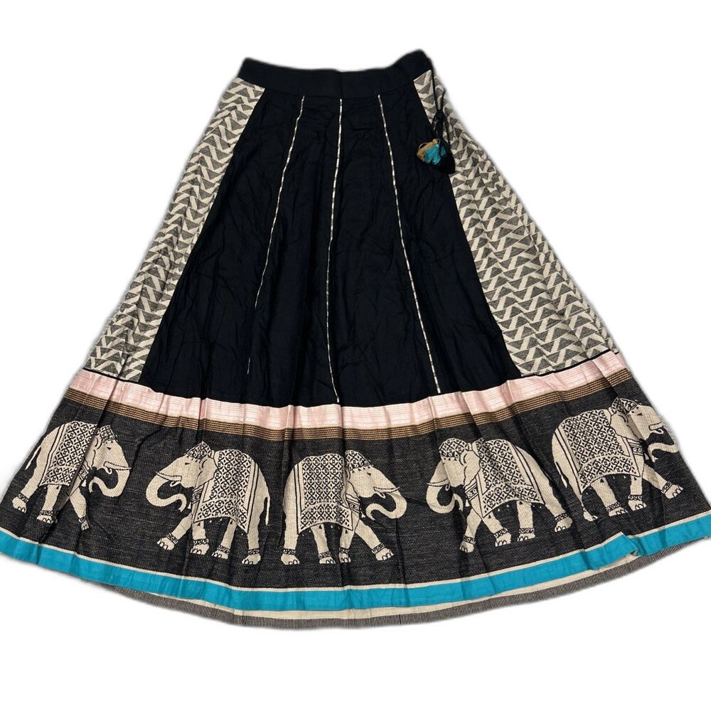 Maxi Skirt Womens Medium Black Beige Elephant Long Modest Art Stretch Festival